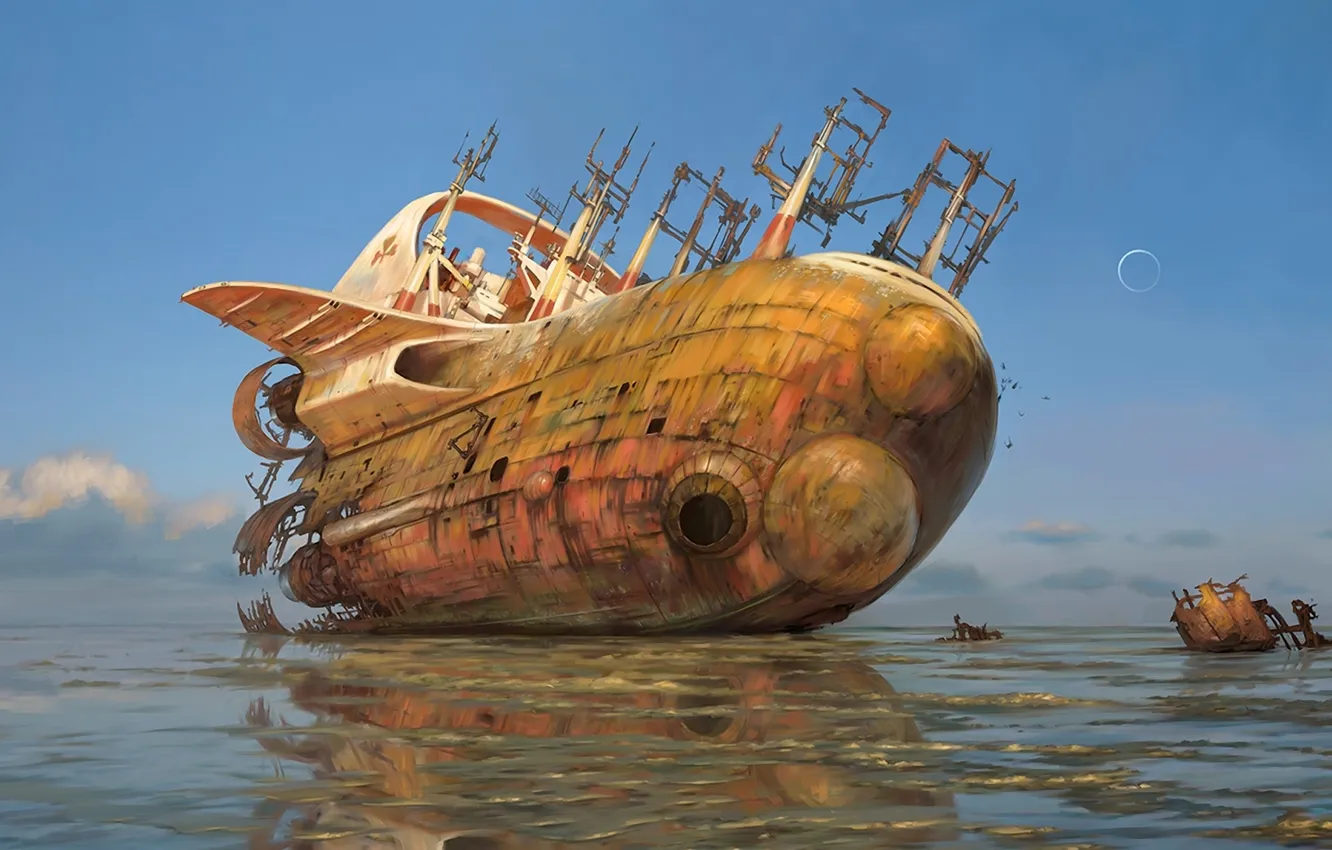 Photo wallpaper sea, the wreckage, ship, the skeleton, art, stranded