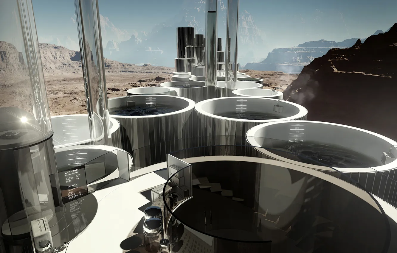 Photo wallpaper water, rocks, construction, art, bulb, cylinder