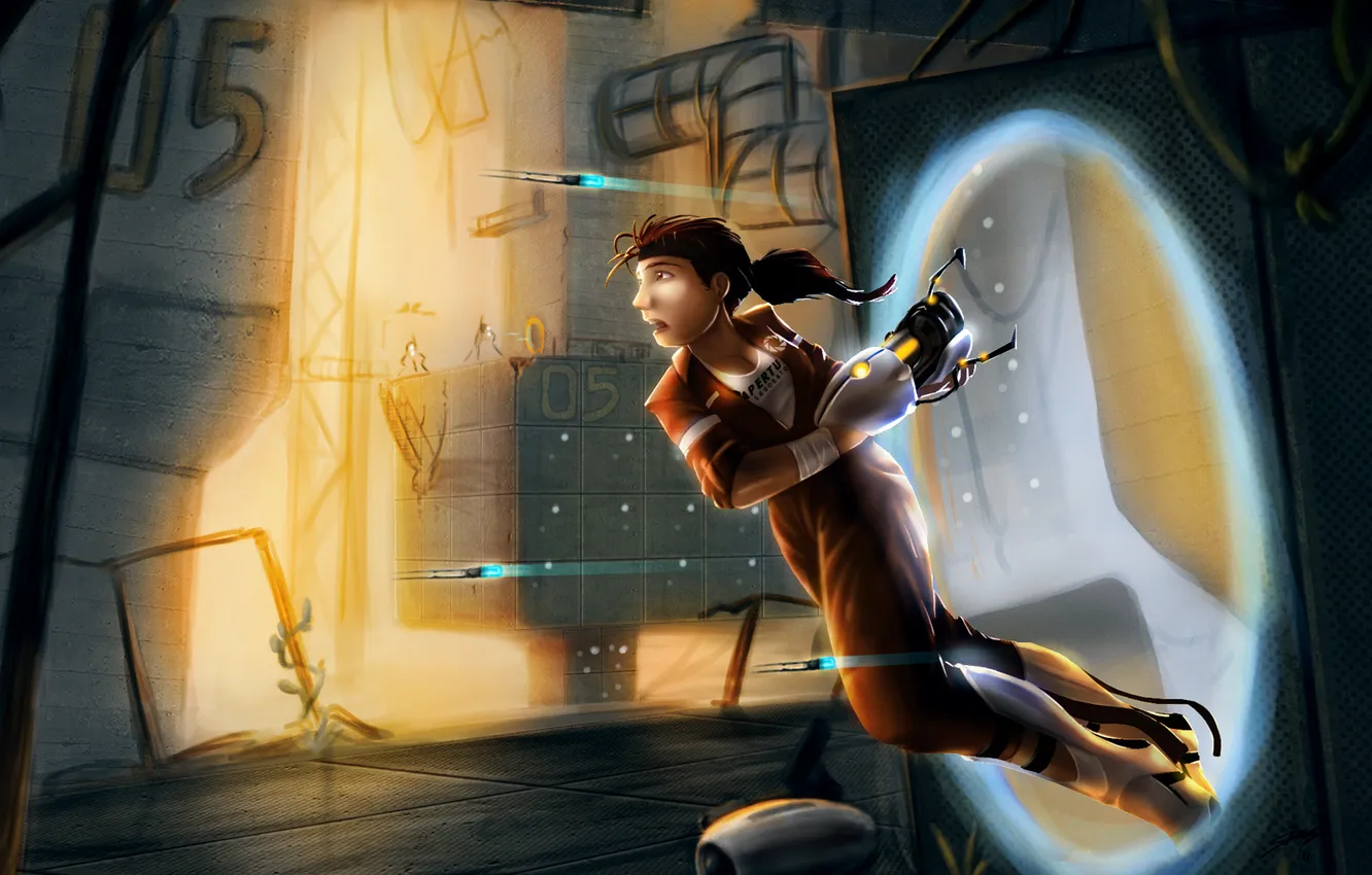 Photo wallpaper girl, Portal 2, Portal 2, Chell, The portal gun, chell