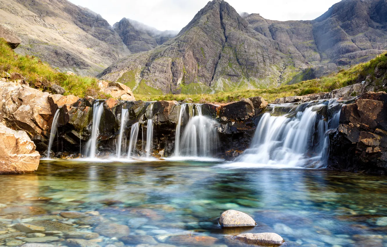 Photo wallpaper mountains, stones, rocks, view, waterfall, Scotland, Highland