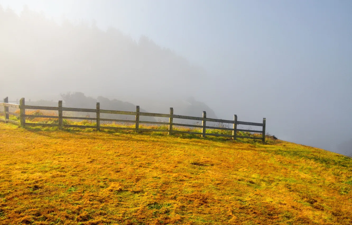 Photo wallpaper landscape, fog, the fence, mountain