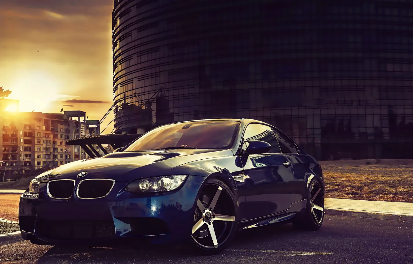 Photo wallpaper machine, the sun, the city, reflection, lights, icon, wheel, BMW