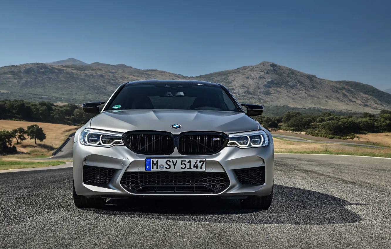 Photo wallpaper grey, BMW, sedan, front view, 4x4, 2018, four-door, M5