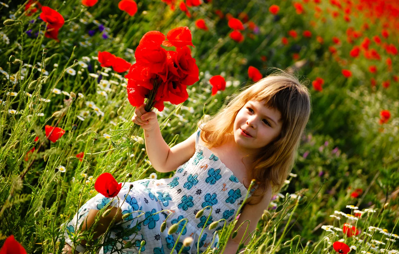 Photo wallpaper happiness, flowers, children, childhood, child, flowers, green field, child