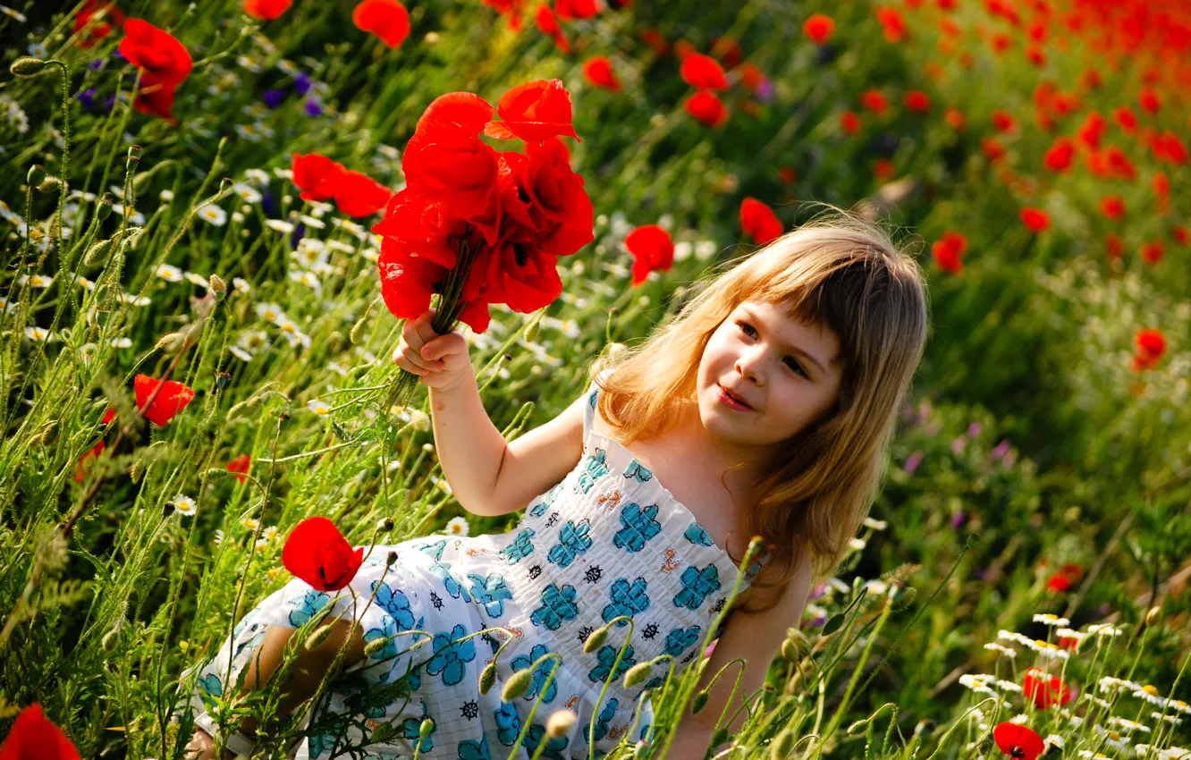 Photo wallpaper happiness, flowers, children, childhood, flowers, green field, child, childhood