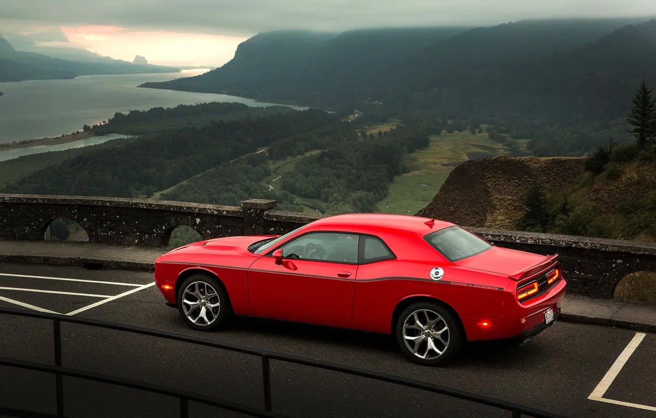 Photo wallpaper Sunset, Road, Mountains, River, Forest, Dodge, Challenger, Landscape