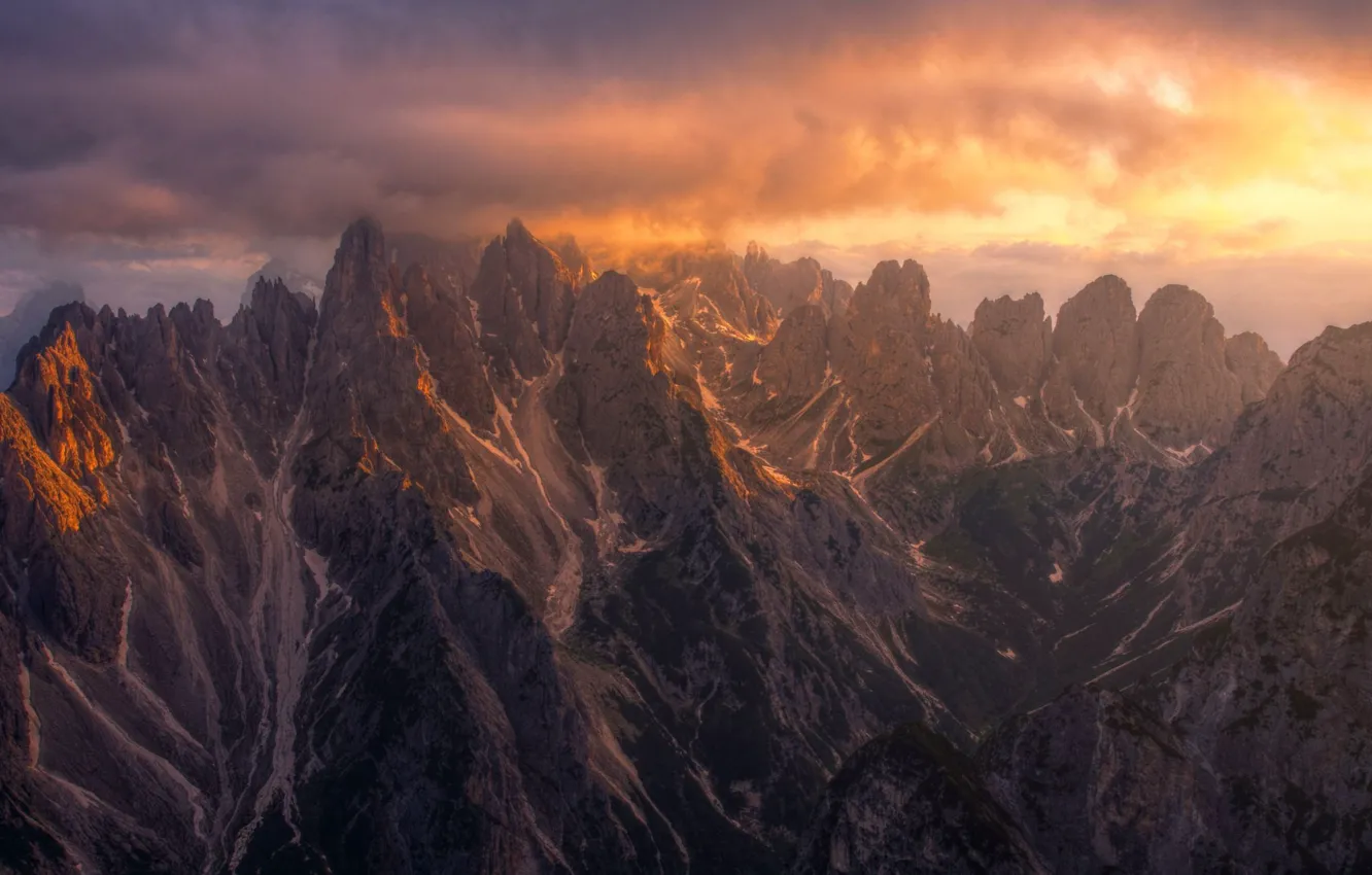 Photo wallpaper the sky, clouds, mountains, nature, rocks, dawn, Italy, The Dolomites