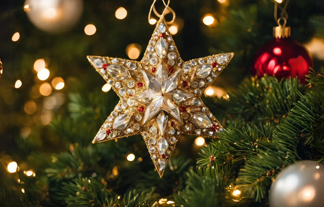 Photo wallpaper stars, new year, Christmas, needles, AI art, neural network