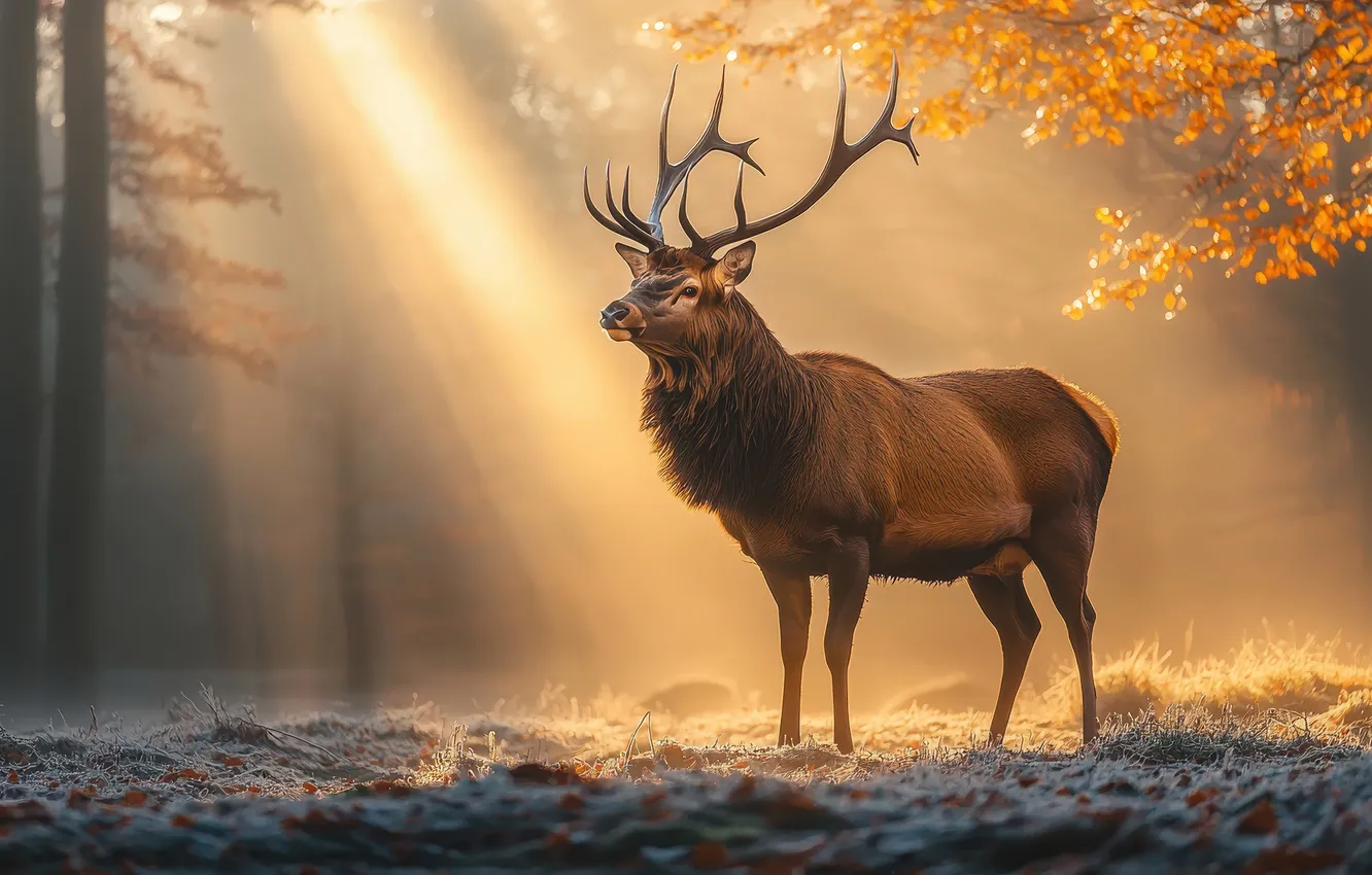 Photo wallpaper autumn, forest, look, the sun, rays, light, branches, fog