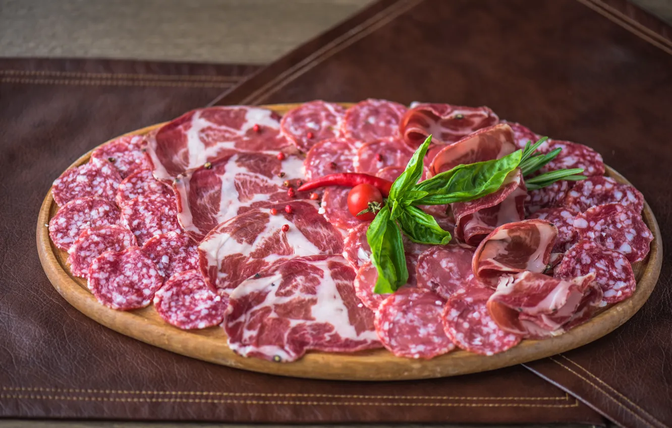Photo wallpaper meat, sausage, cutting, spices, Basil