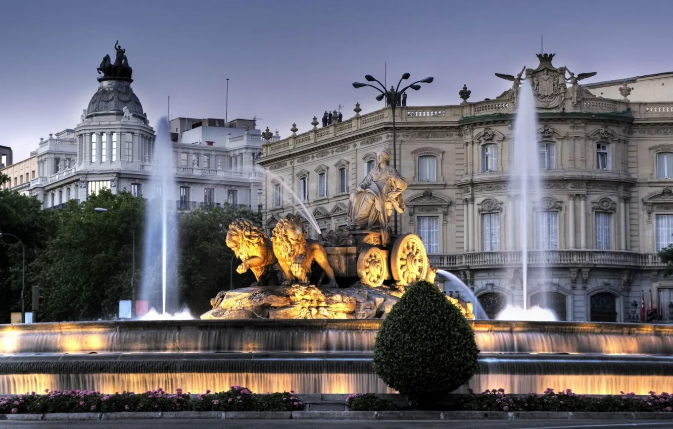 Photo wallpaper chariot, the evening, fountain, twilight, lions, Spain, Palace, the goddess of the fertility of the …