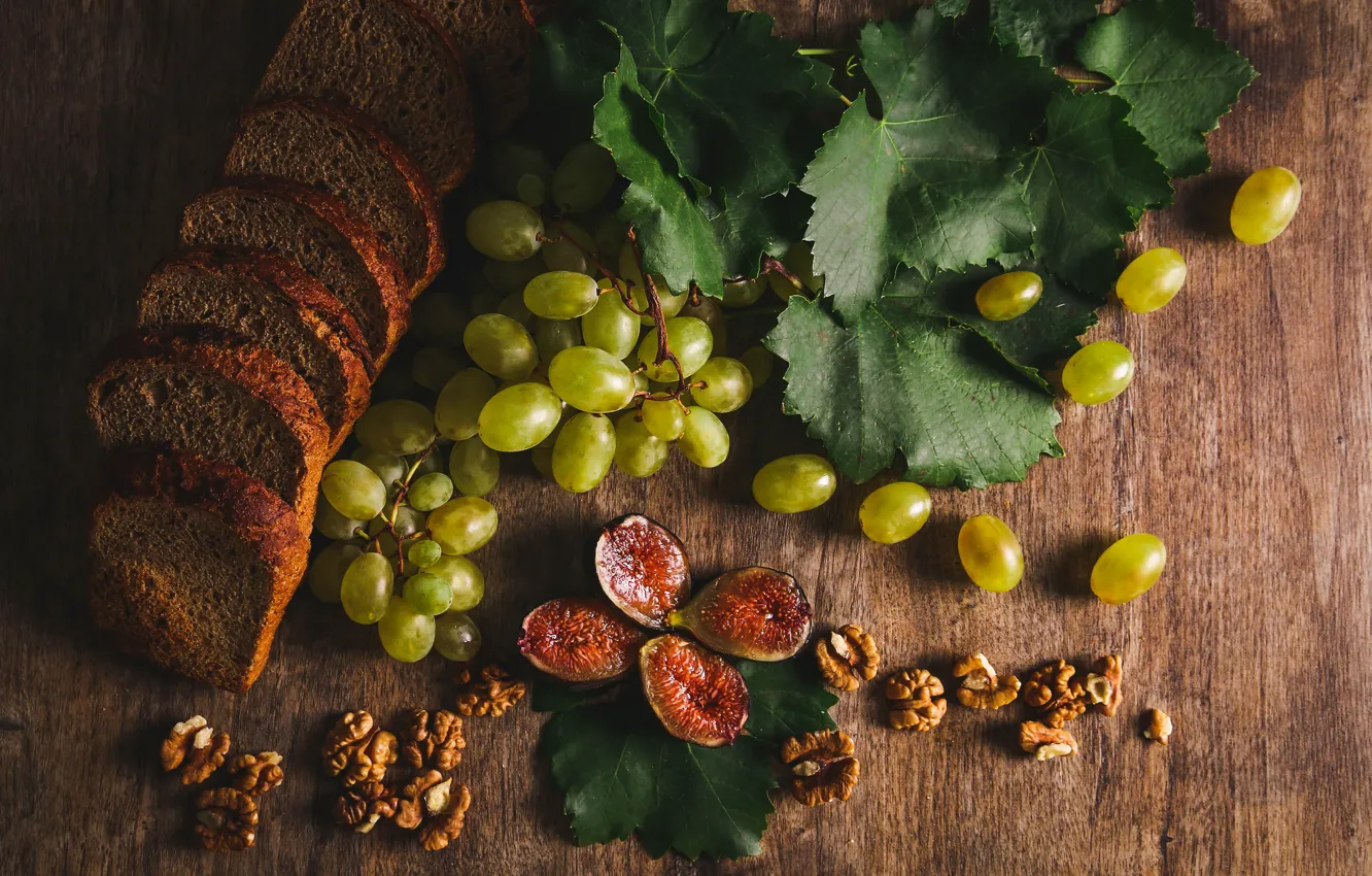 Photo wallpaper light, green, table, Board, bread, grapes, still life, cutting