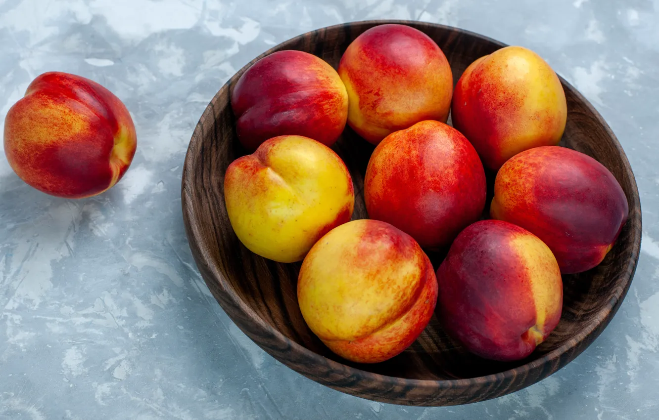 Photo wallpaper bowl, grey background, peaches