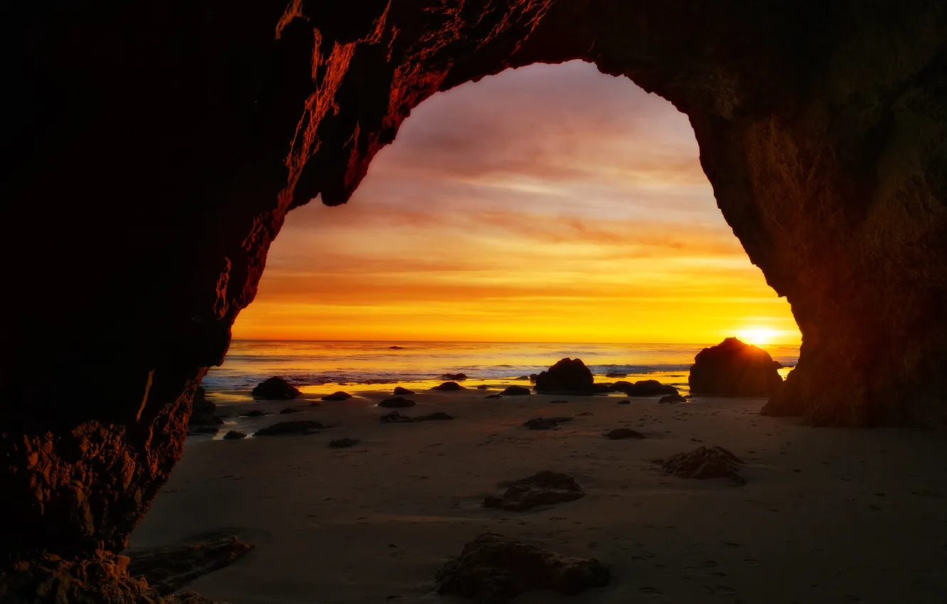 Photo wallpaper sea, sunset, view, cave, the grotto