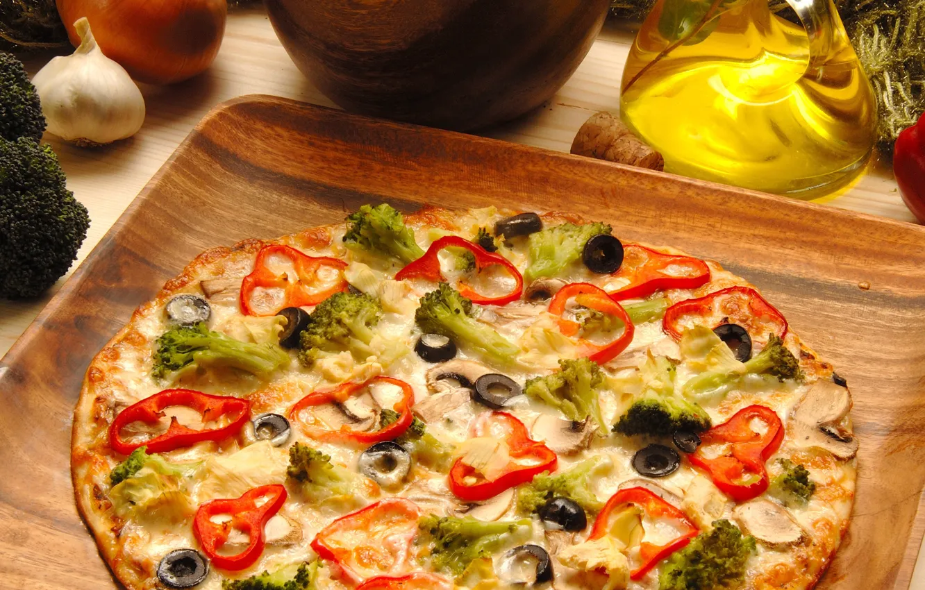 Photo wallpaper table, bottle, food, cheese, bow, pepper, vegetables, pizza