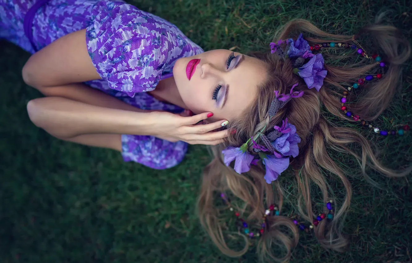 Photo wallpaper girl, flowers, makeup, dress, bokeh, purple, all purple