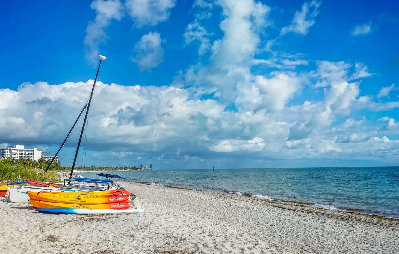 Photo wallpaper sand, sea, beach, the sky, the sun, clouds, coast, boat
