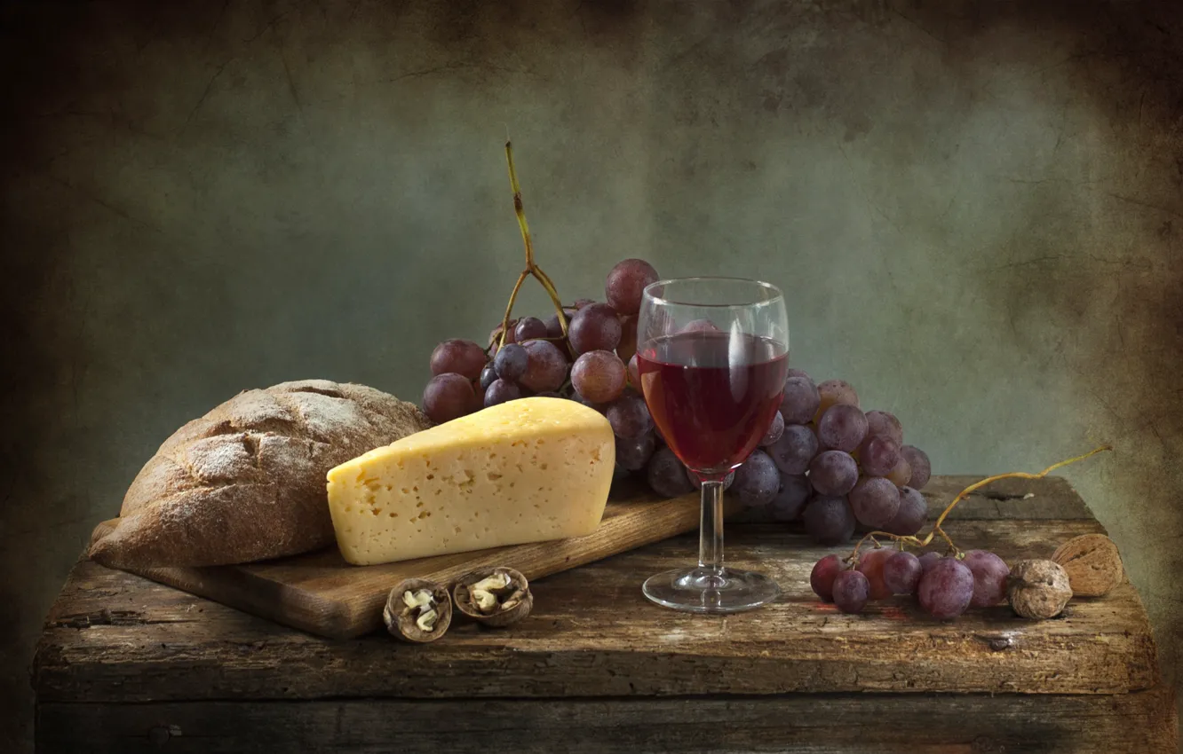 Photo wallpaper wine, cheese, bread, grapes, walnut