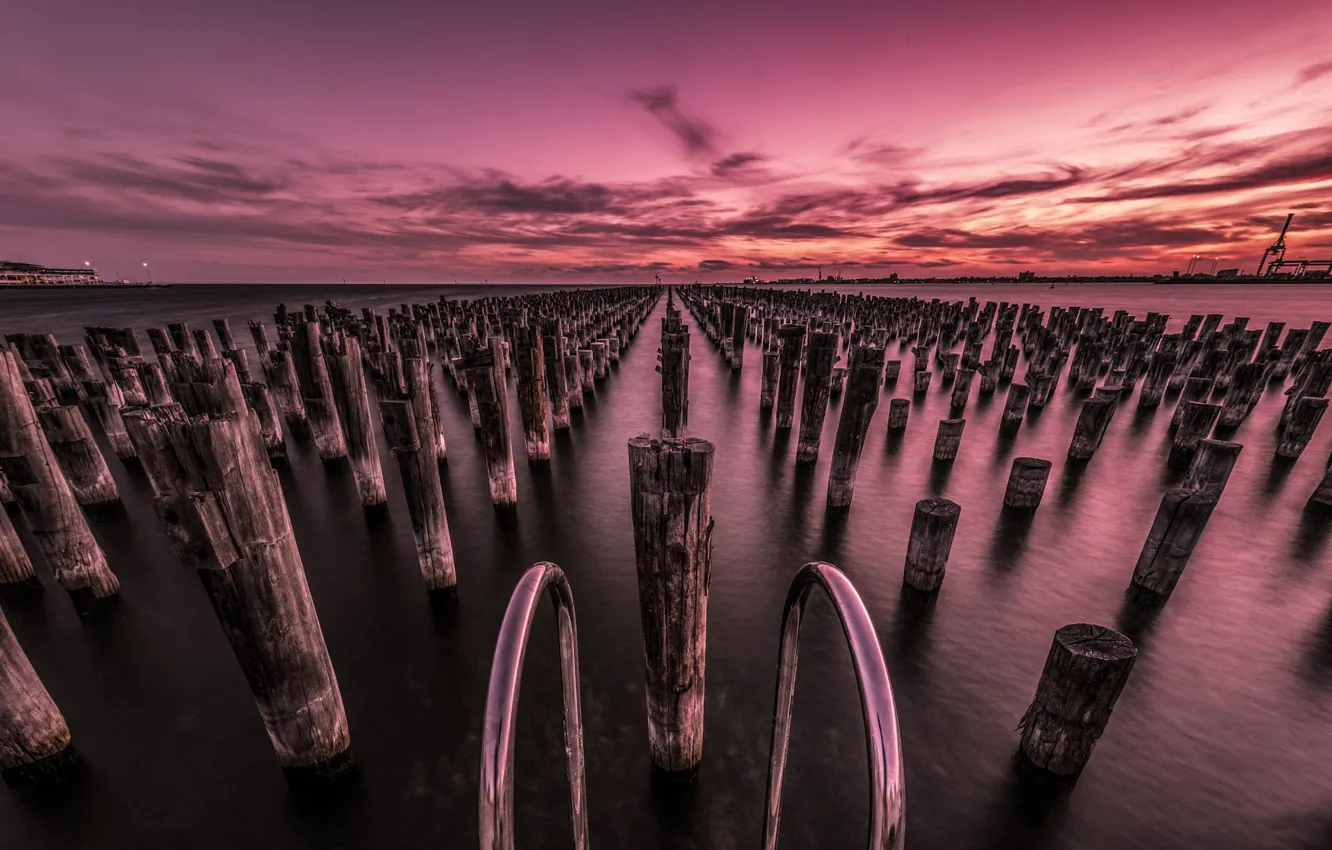 Photo wallpaper posts, pond, piles