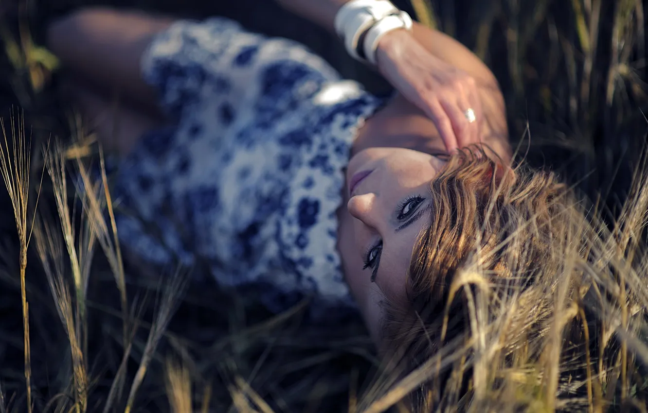 Photo wallpaper field, grass, mood, dress, spikelets, blonde, sundress