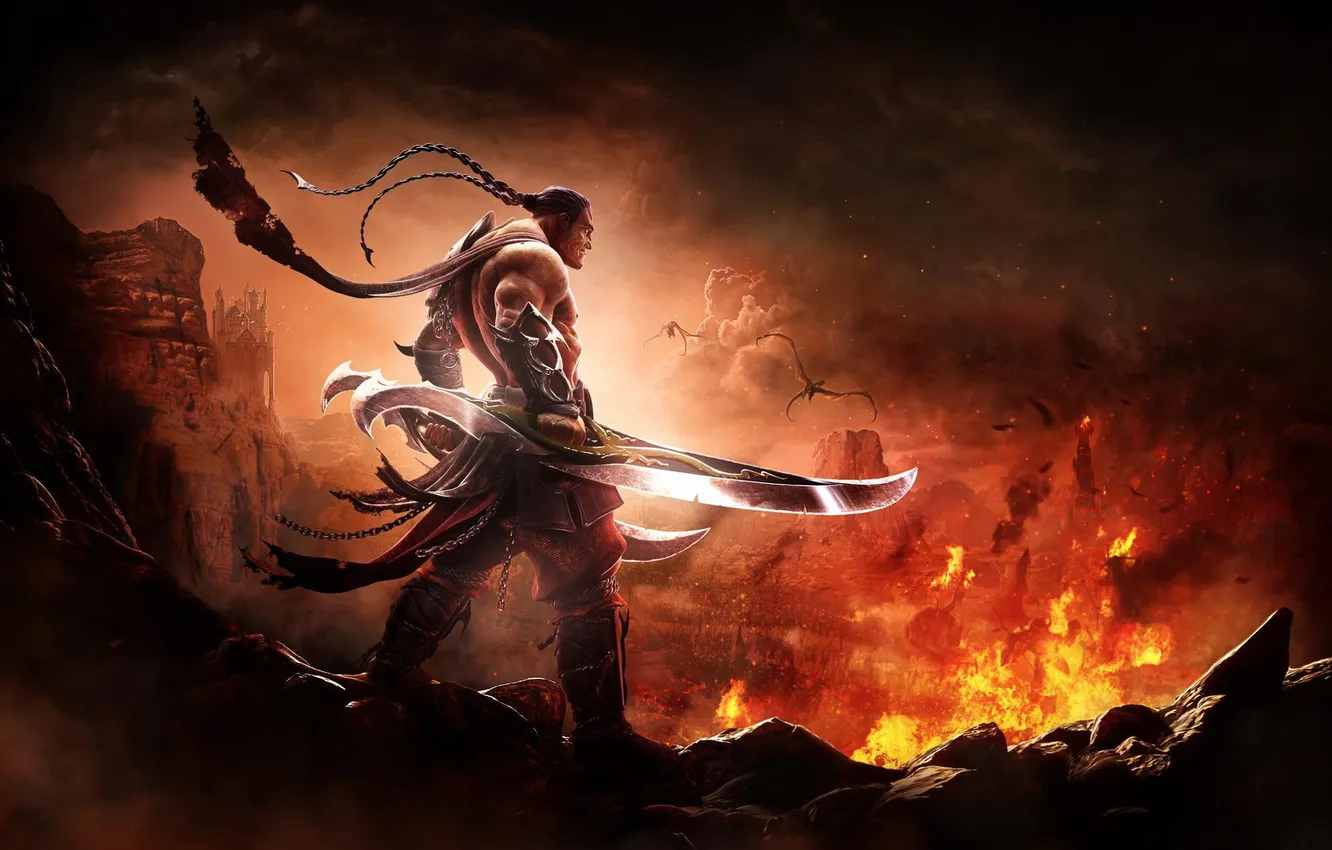 Photo wallpaper mountains, lights, weapons, dragon, sword, warrior, Dungeon Hunter 4