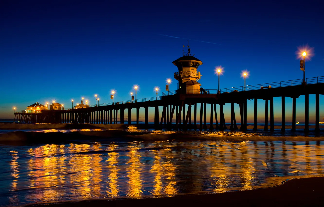 Photo wallpaper beach, lights, the ocean, the evening, Huntington Beach