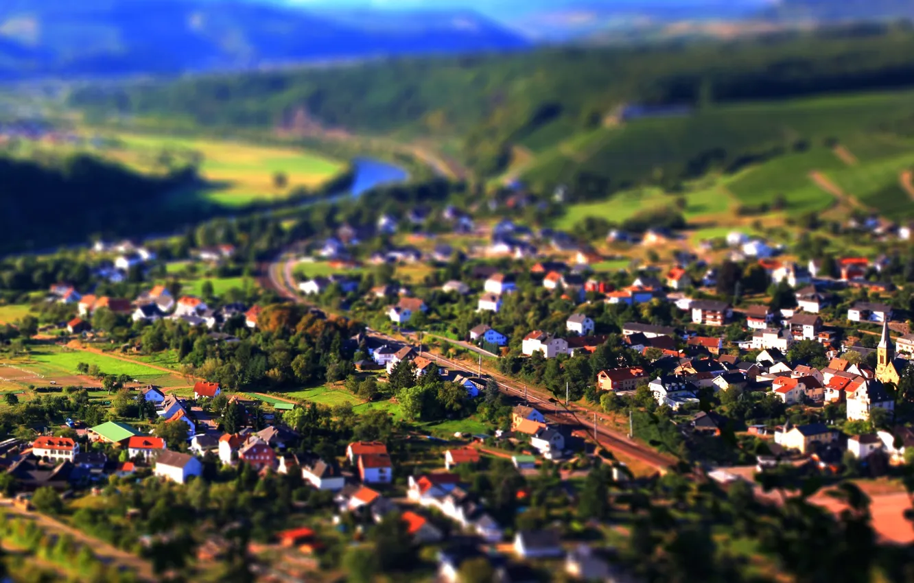 Photo wallpaper landscape, mountains, the city, river, hills, view, home, valley