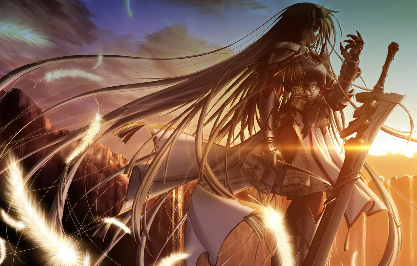 Photo wallpaper sword, armor, woman, sunset