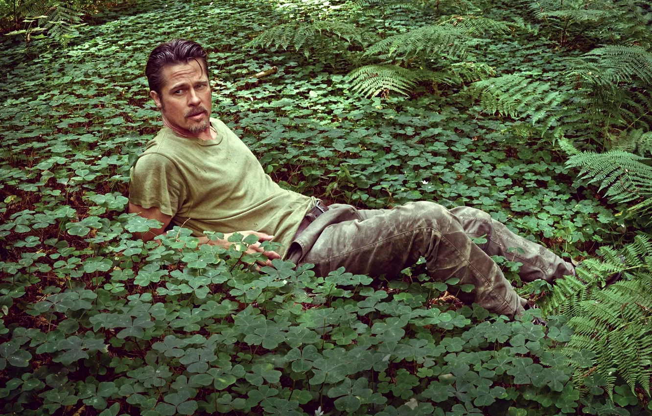 Photo wallpaper greens, leaves, nature, actor, male, Brad Pitt, Brad Pitt
