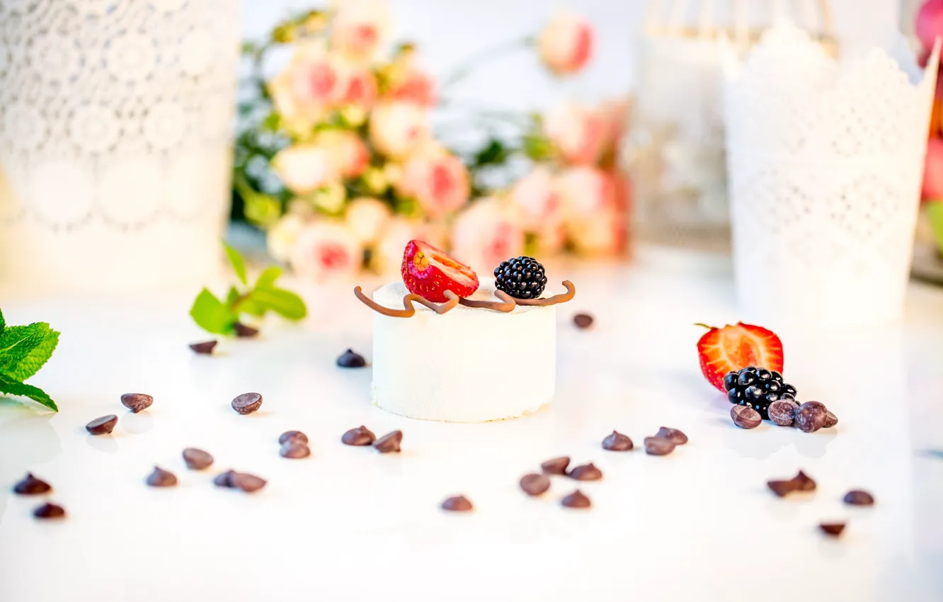 Photo wallpaper berries, chocolate, roses, strawberry, cake, dessert, BlackBerry
