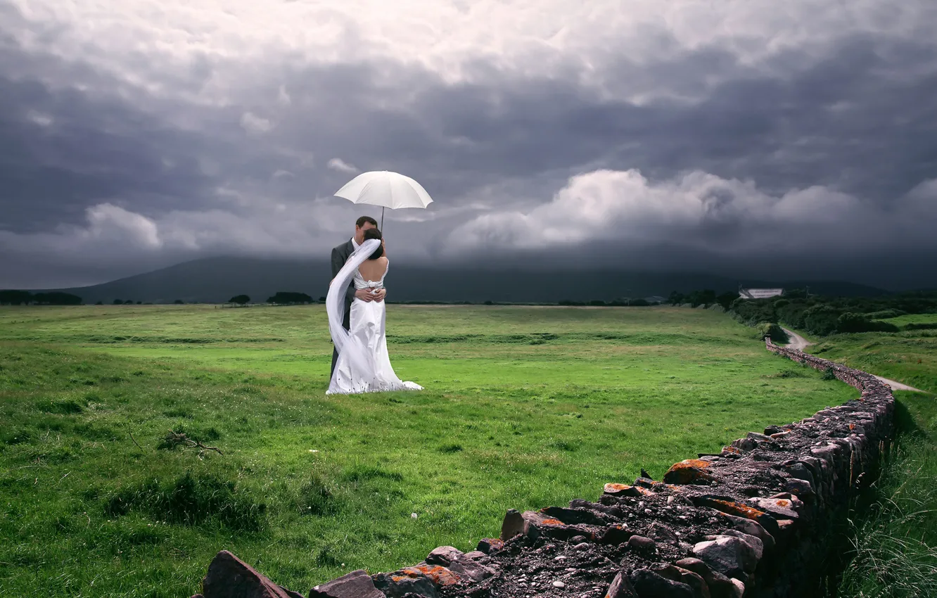 Photo wallpaper the sky, girl, clouds, nature, umbrella, dress, male, the bride