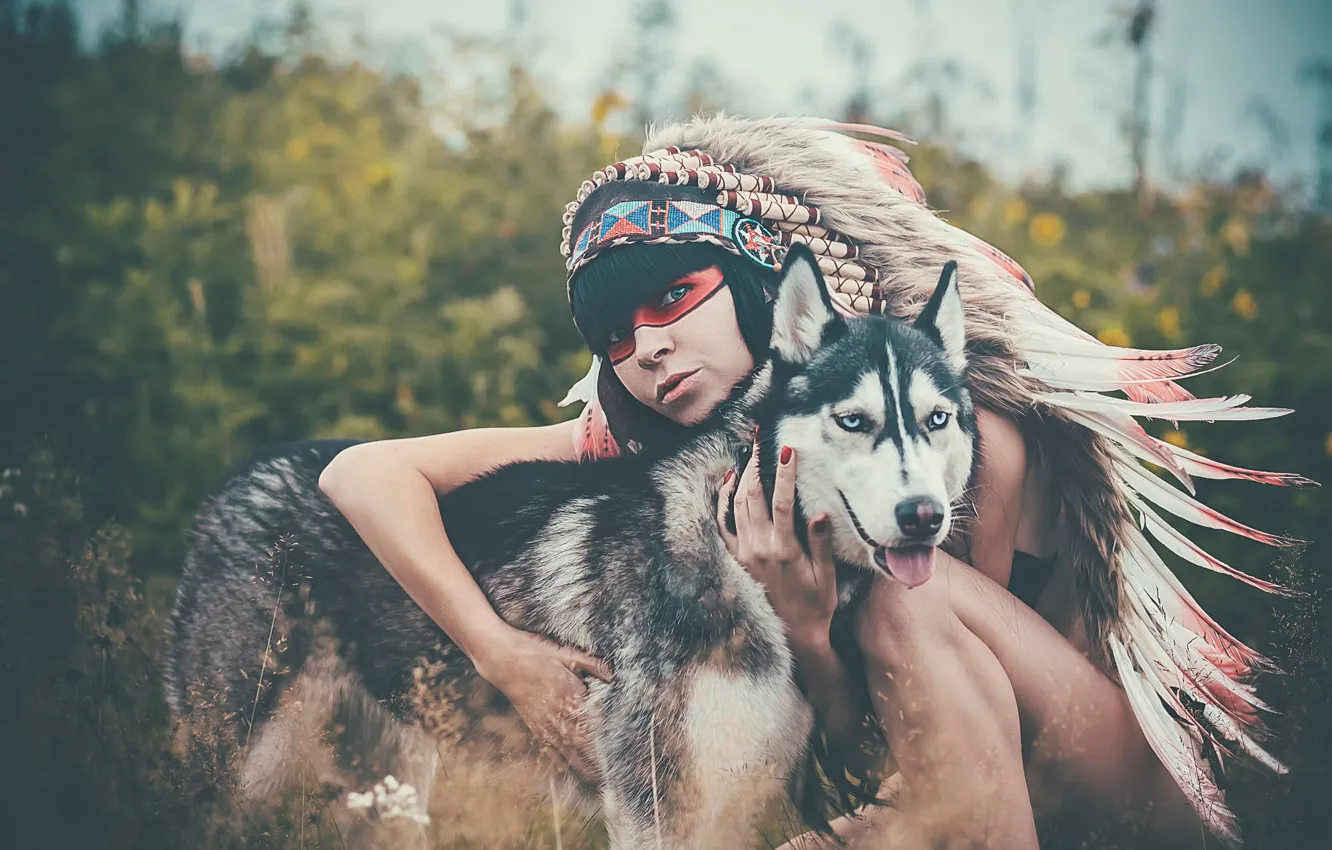 Photo wallpaper girl, dog, headdress