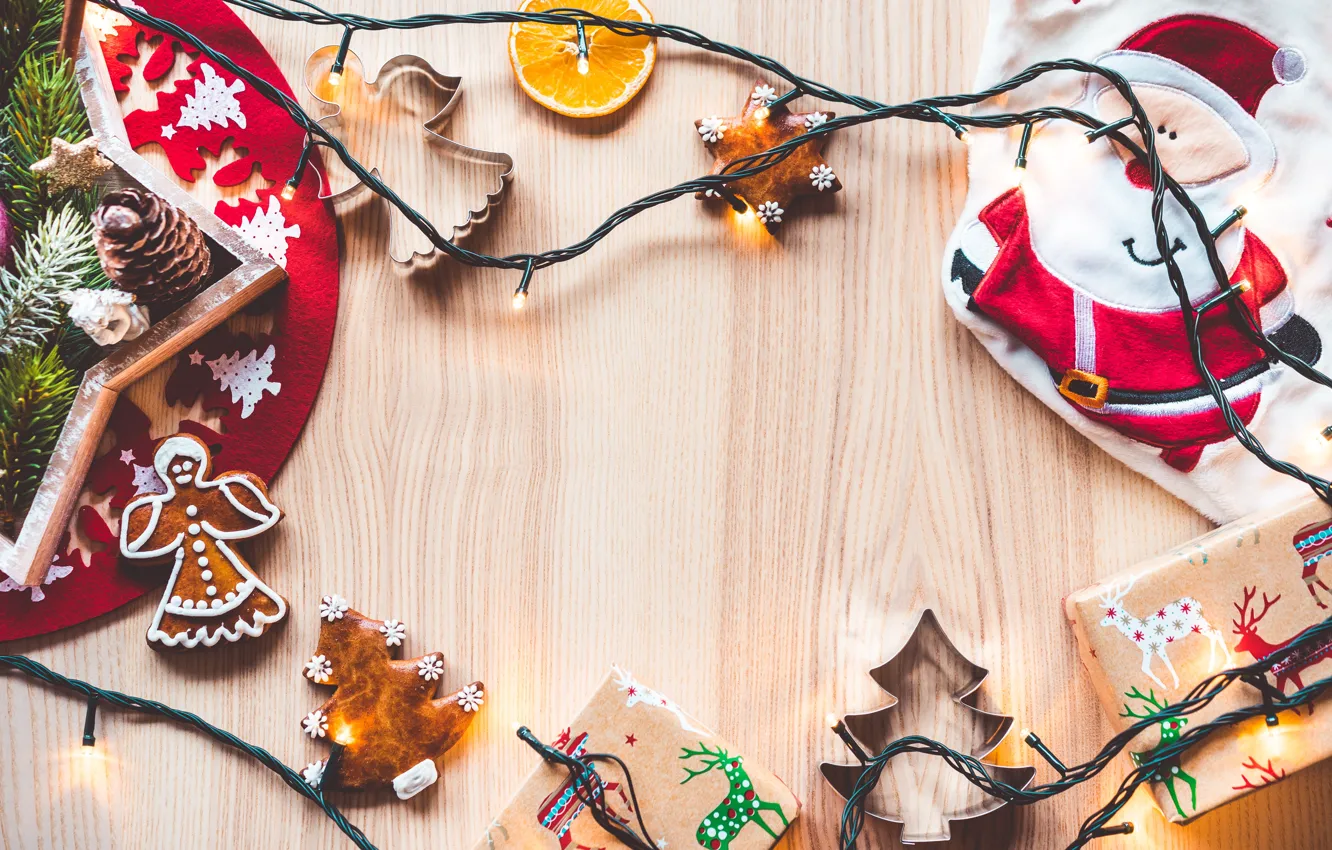 Photo wallpaper holiday, orange, New Year, cookies, slice, gifts, garland, Santa Claus