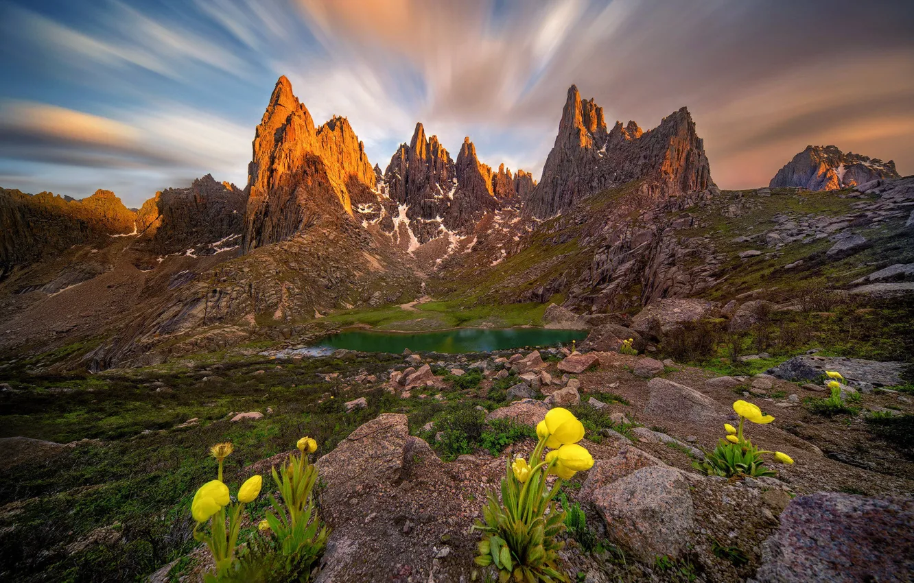 Photo wallpaper flowers, mountains, lake, stones, rocks, tops
