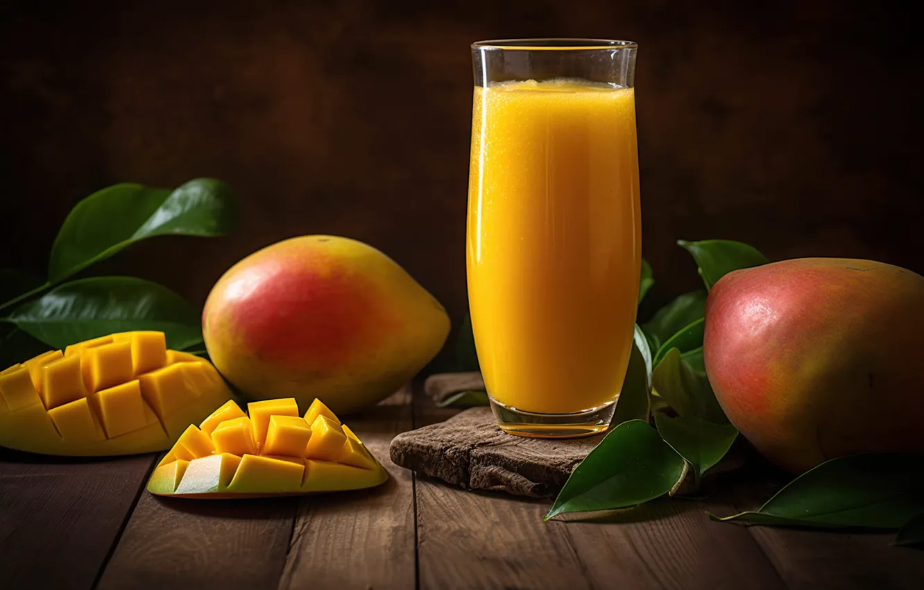 Photo wallpaper glass, table, Board, juice, mango, digital art, smoothies, AI art