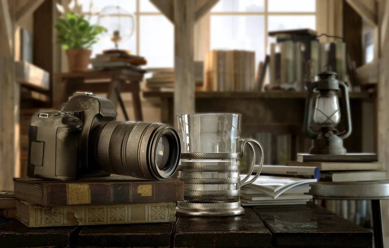 Photo wallpaper glass, table, the camera, book, IN A PRIVATE LIBRARY