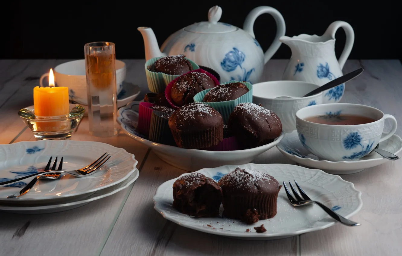Photo wallpaper table, tea, Board, candles, kettle, plate, spoon, the tea party