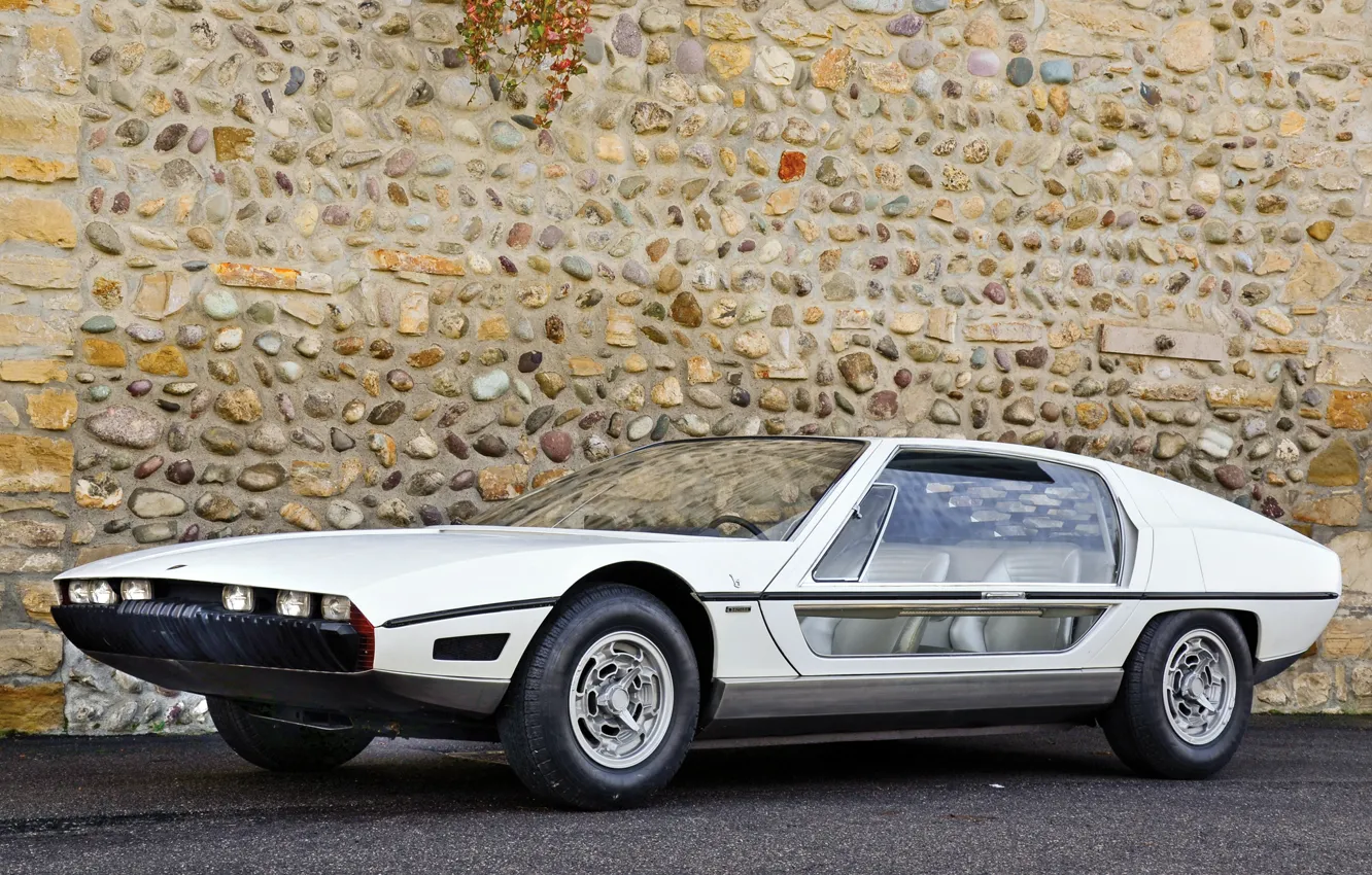 Photo wallpaper car, Lamborghini, white, Supercar, Exotic, Lamborghini Silhouette 1976, glass door