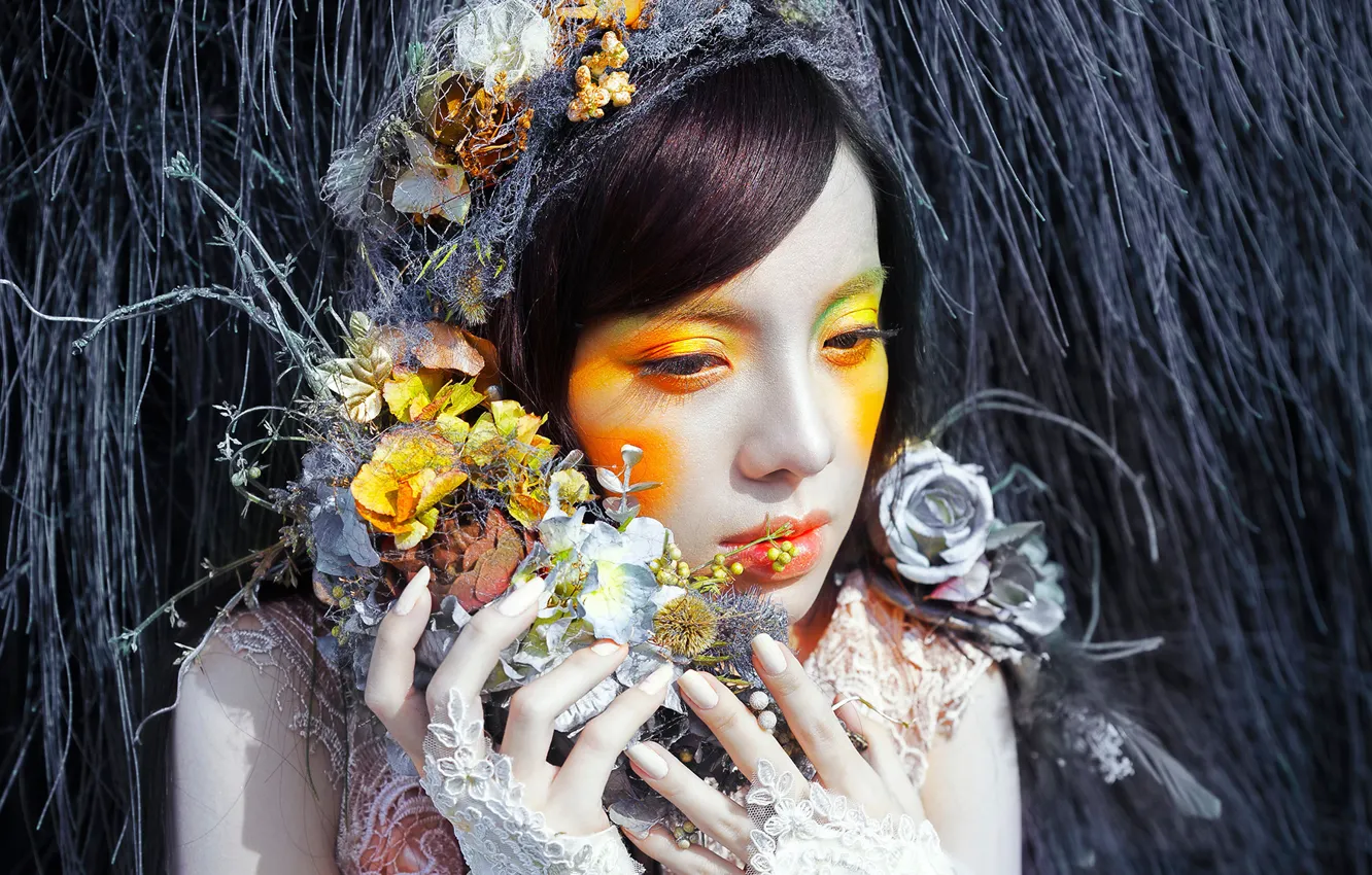 Photo wallpaper girl, flowers, colors, makeup, fantasy, fashion, Lou Ann