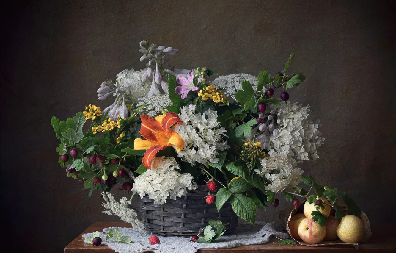 Photo wallpaper leaves, berries, raspberry, table, Lily, food, treatment, bouquet