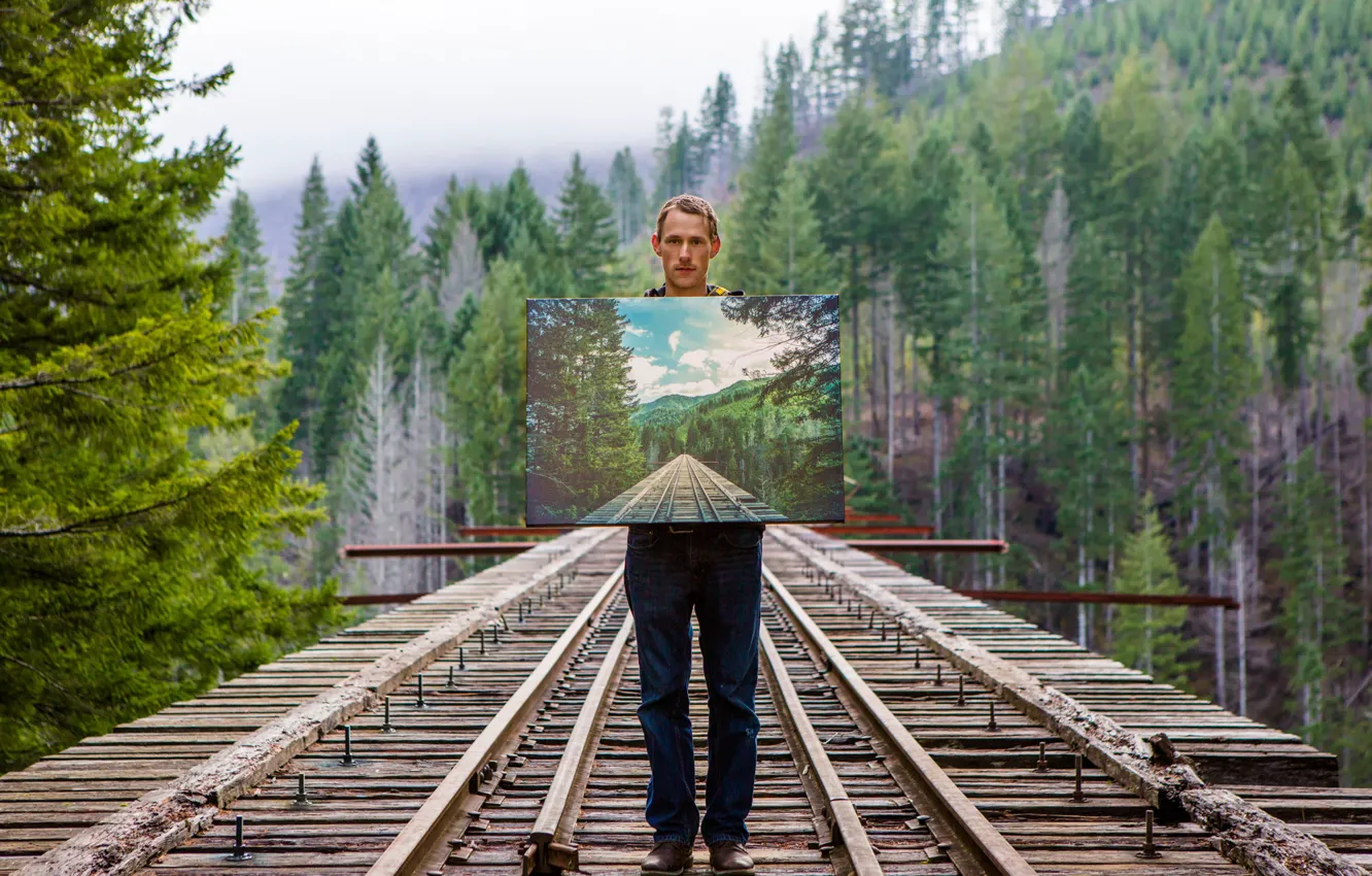 Photo wallpaper bridge, picture, guy, illusion, Isaac Gautschi, Look Closely
