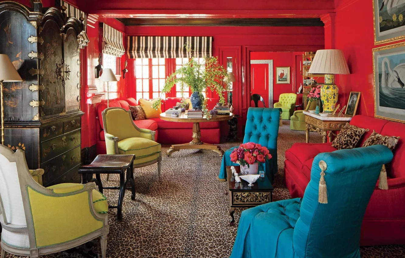 Photo wallpaper design, style, interior, the play of colors, living room, red rooms inspiration