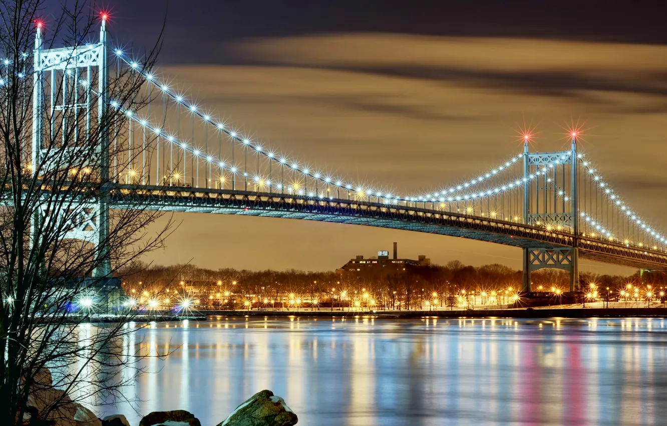 Photo wallpaper bridge, the city, lights, New York, the evening, USA, new york