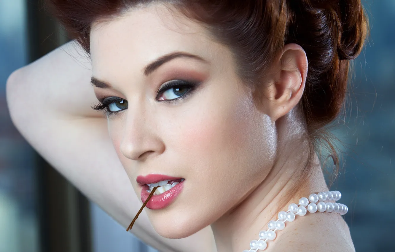 Photo wallpaper girl, photo, blue eyes, model, redhead, Stoya, necklace, portrait
