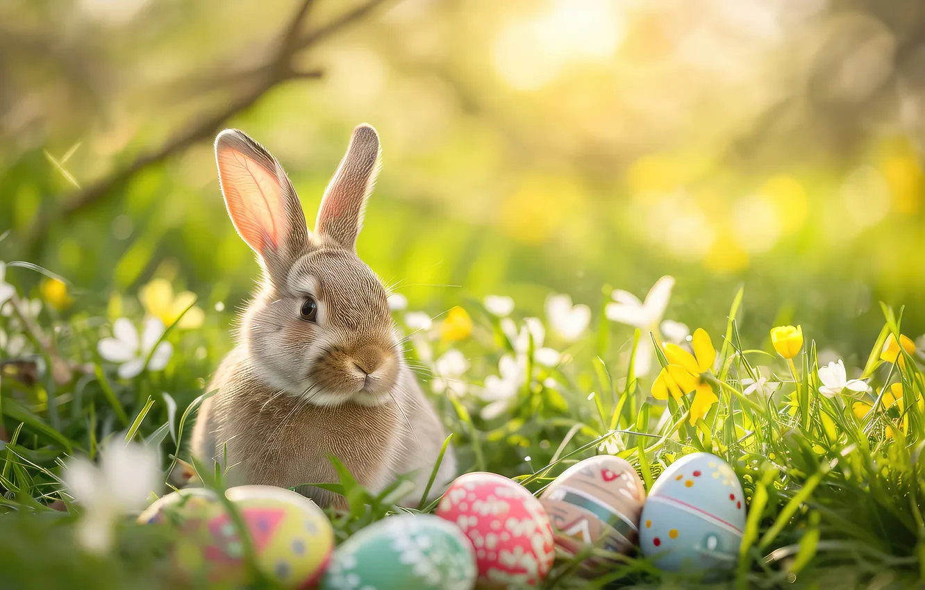 Photo wallpaper flowers, eggs, spring, colorful, Easter, flowers, spring, Easter