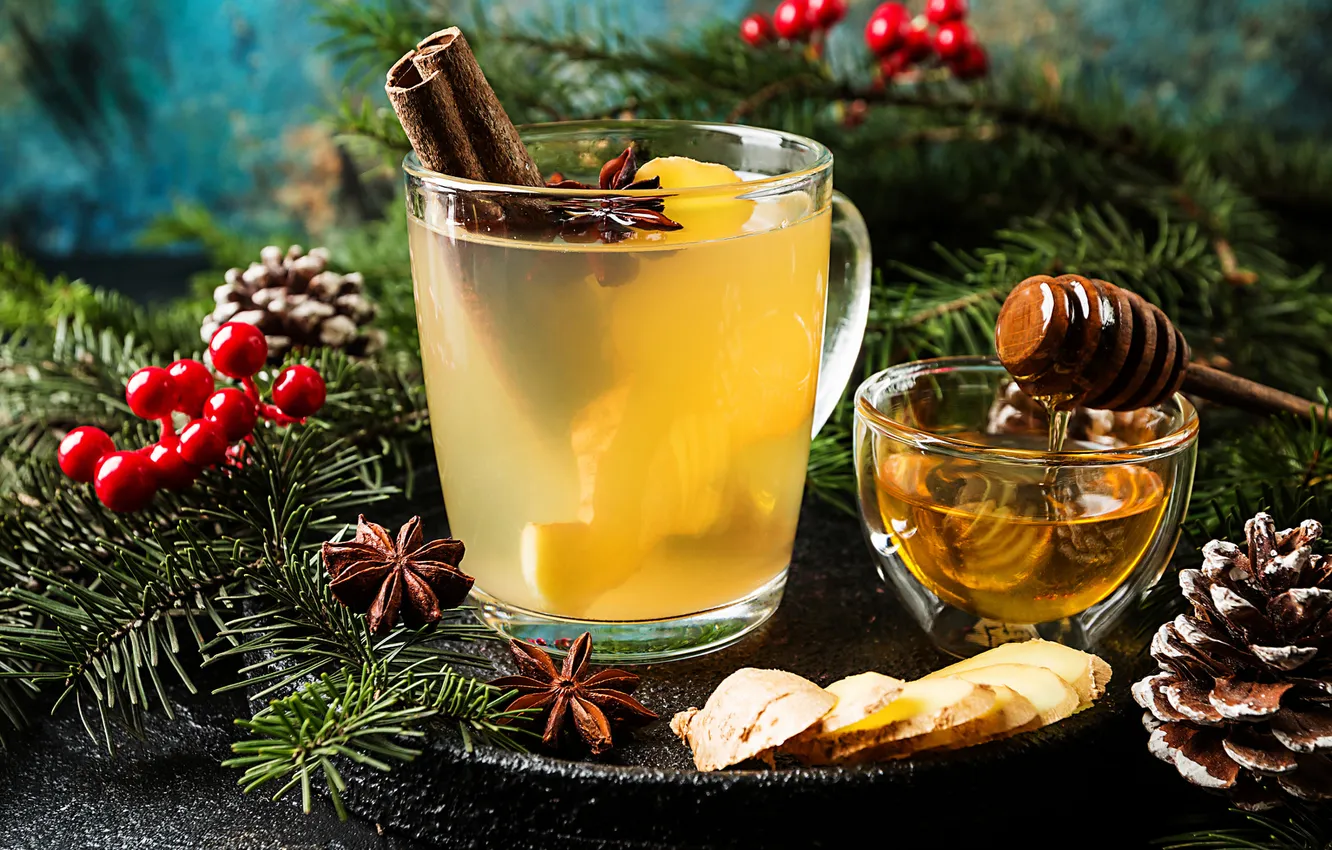 Photo wallpaper branches, berries, tea, glass, new year, honey, fruit, Christmas