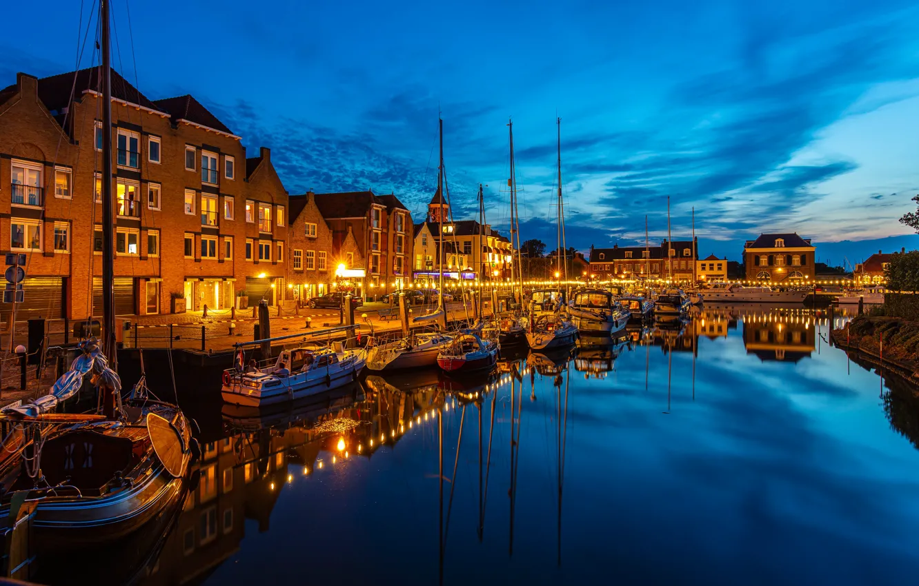 Photo wallpaper reflection, building, home, yachts, channel, Netherlands, night city, boats