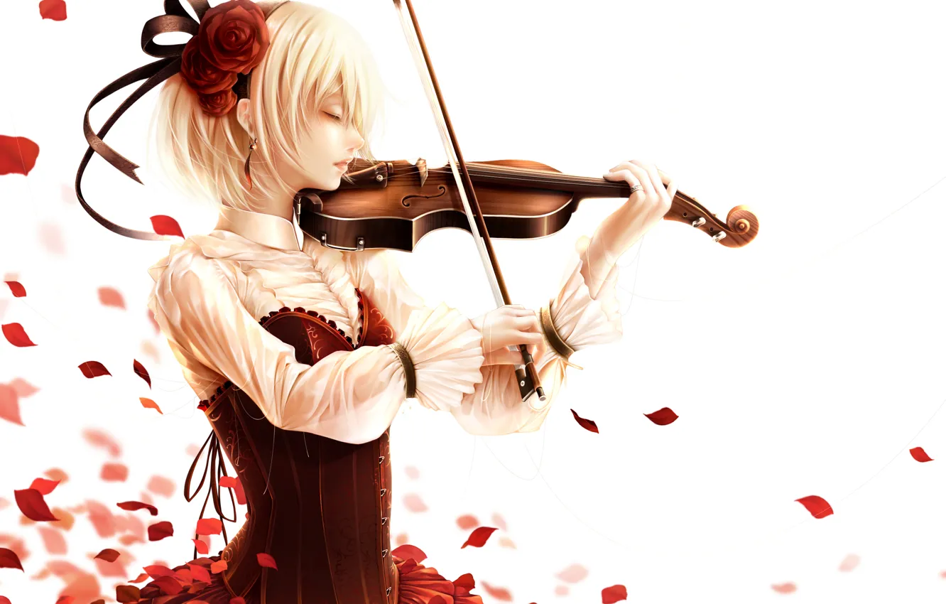Photo wallpaper girl, violin, rose, anime, petals, art, bouno satoshi