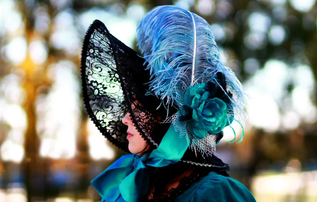 Photo wallpaper feathers, dress, brunette, profile, hat