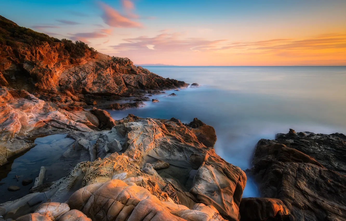 Photo wallpaper sea, the sky, sunset, stones, coast, horizon, Italy, Calafuria